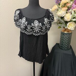 Wishful Park Black Embroidered Boho Top L | Peasant Scoop Neck Summer Blouse